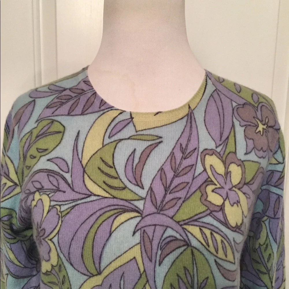 KINROSS SWEATER CASHMERE CREWNECK PURPLE BLACK YELLOW GREEN FLORAL SMALL